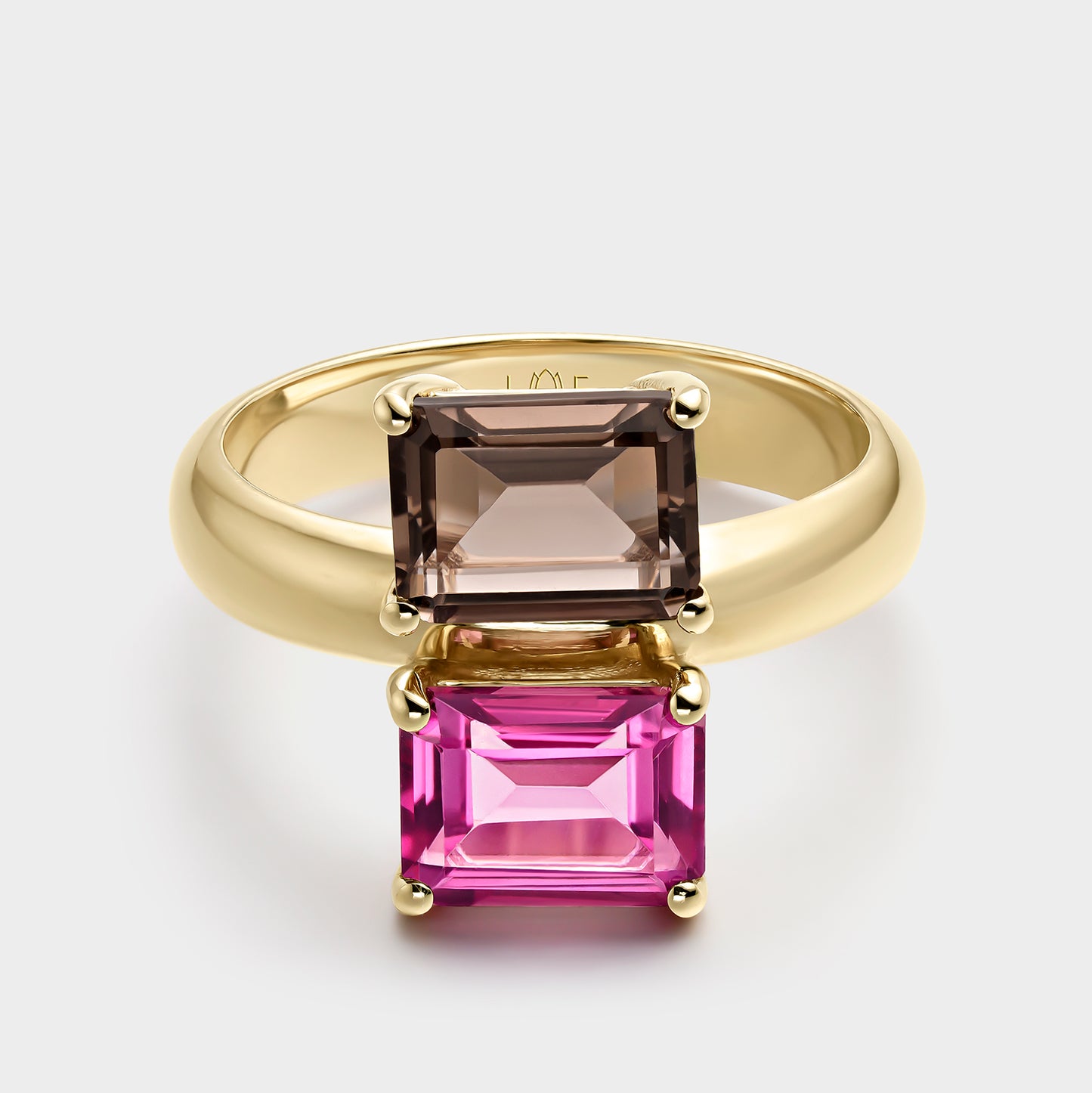 ANILLO ORO AMARILLO 18K CUARZO FUMÉ Y TOPACIO ROSA