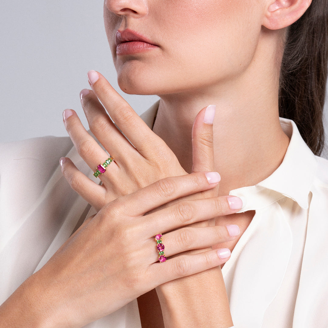 ANILLO ORO AMARILLO 18K TOPACIOS ROSAS Y TSAVORITAS