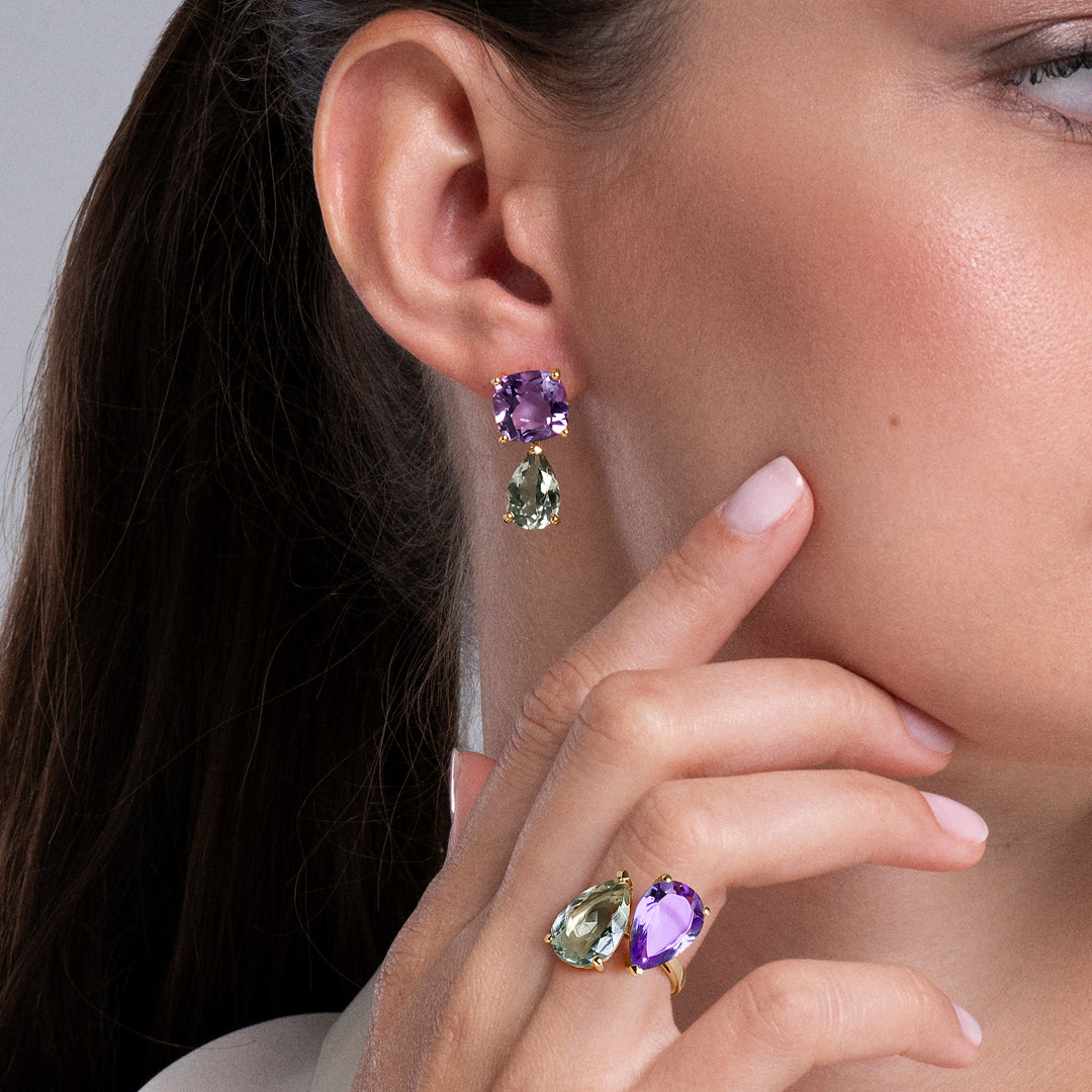 ANILLO ORO AMARILLO 18K AMATISTA MORADA Y AMATISTA VERDE CORTE PERA