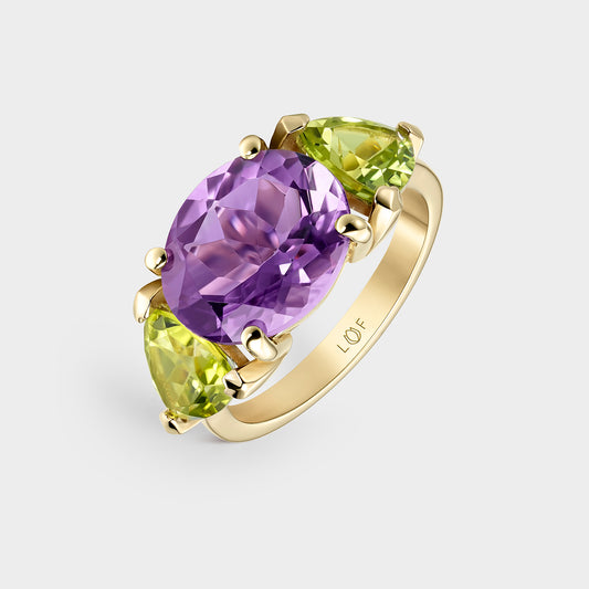 ANILLO ORO AMARILLO 18K AMATISTA OVAL Y PERIDOTO