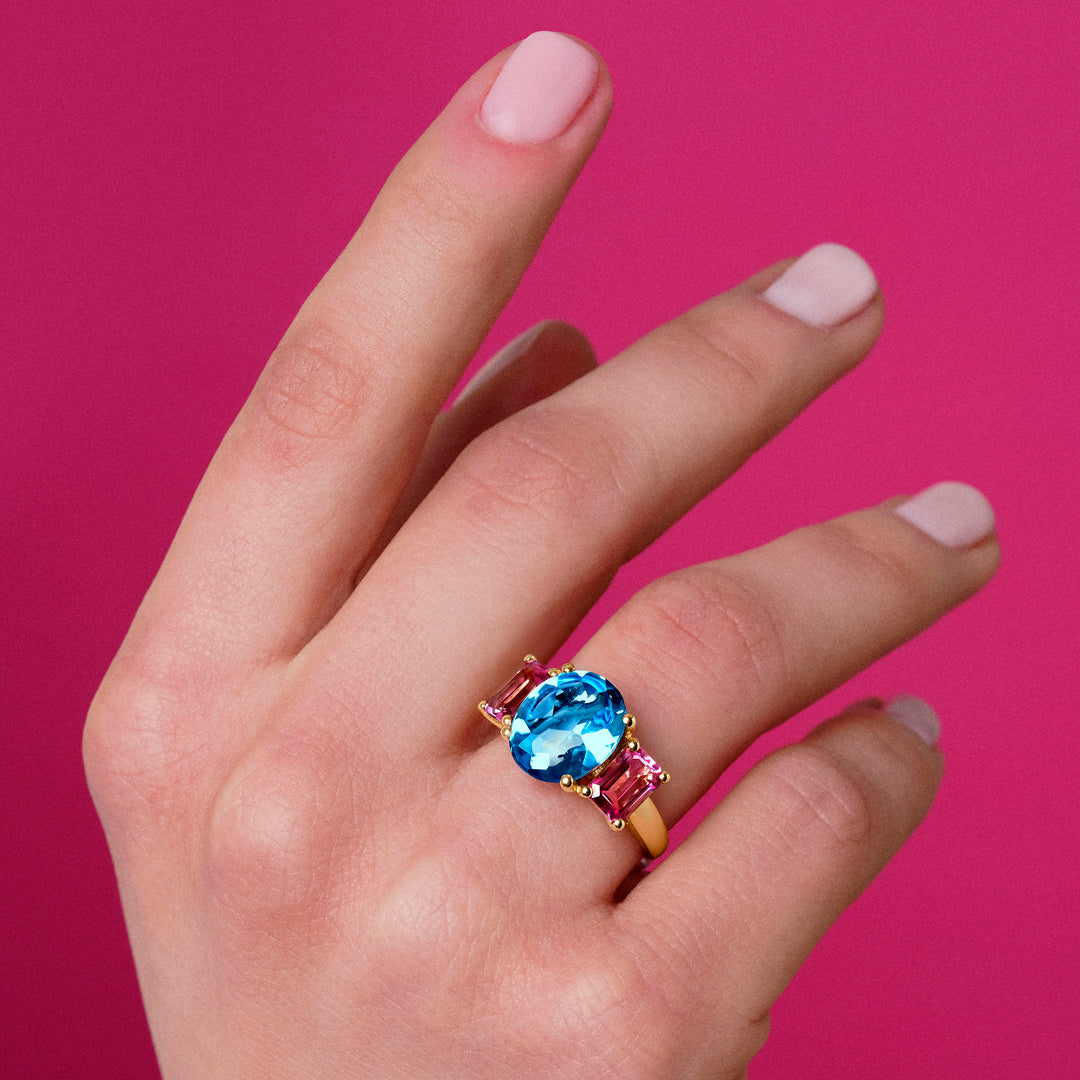 ANILLO ORO AMARILLO 18K COCKTAIL CABUJÓN TOPACIO SWISS Y TOPACIO ROSA BAGUETTE