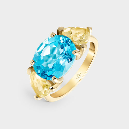 ANILLO ORO AMARILLO  18 KTS TOPACIO SWISS OVAL Y CUARZO LIMON TRILLON