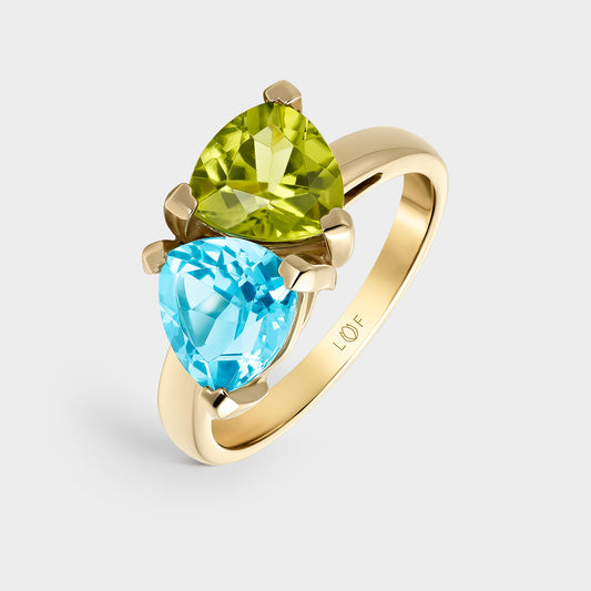 ANILLO ORO AMARILLO 18 KILATES TRILLON PERIDOTO Y TRILLON TOPACIO SWISS