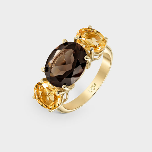 ANILLO ORO AMARILLO 18K CUARZO FUMÉ OVAL Y CITRINO
