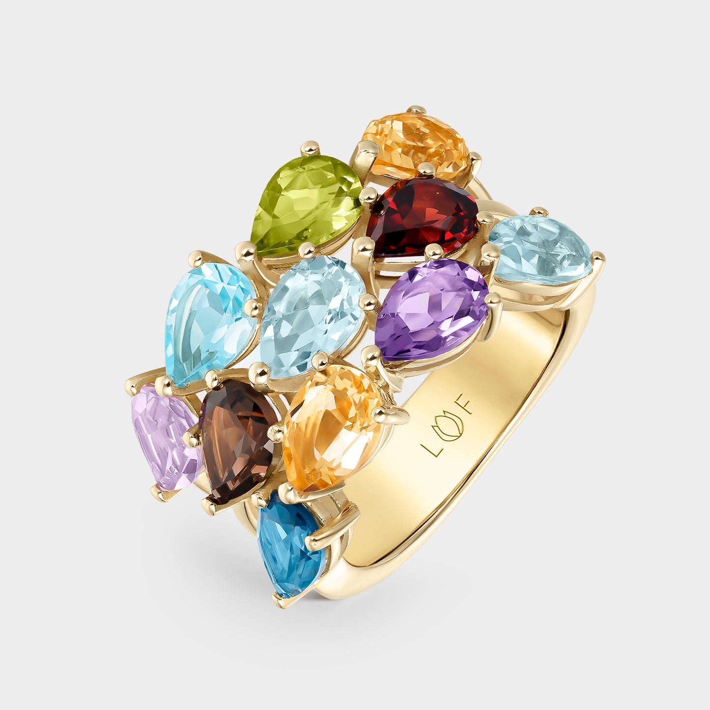 ANILLO ORO AMARILLO  18 KTS AMATISTA VERDE Y ROSA, CITRINO, LONDON, GRANATE, FUME, PERIDOTO Y TOPACIO AZUL