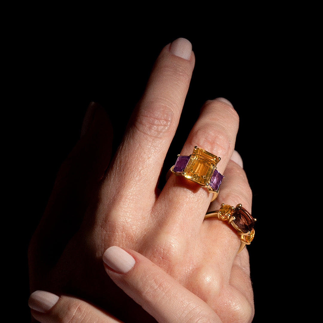 ANILLO ORO AMARILLO 18K CITRINO Y AMATISTAS OCTOGONALES